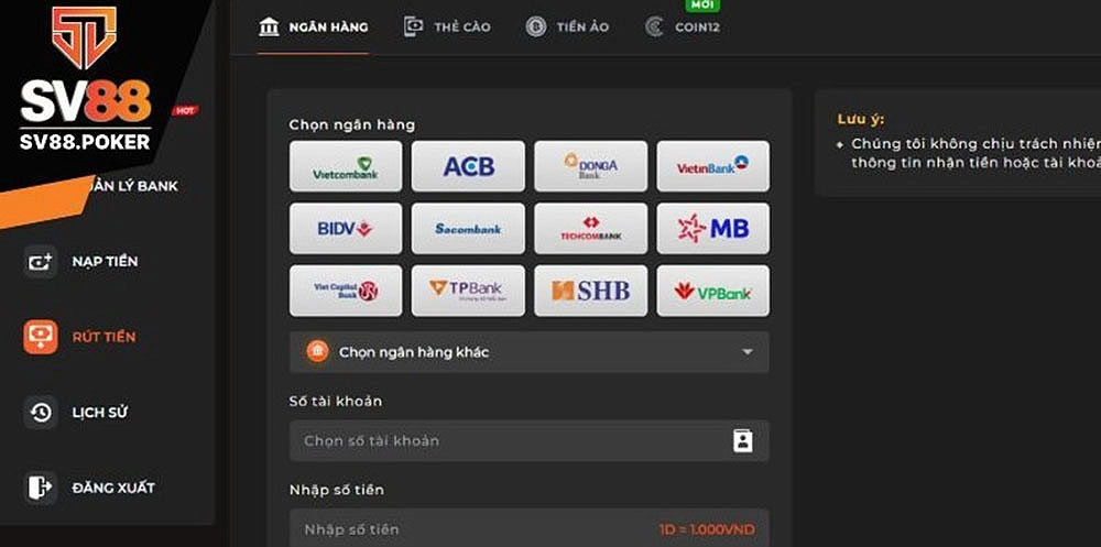 Cách rút tiền Sv88 về thẻ ATM tài khoản